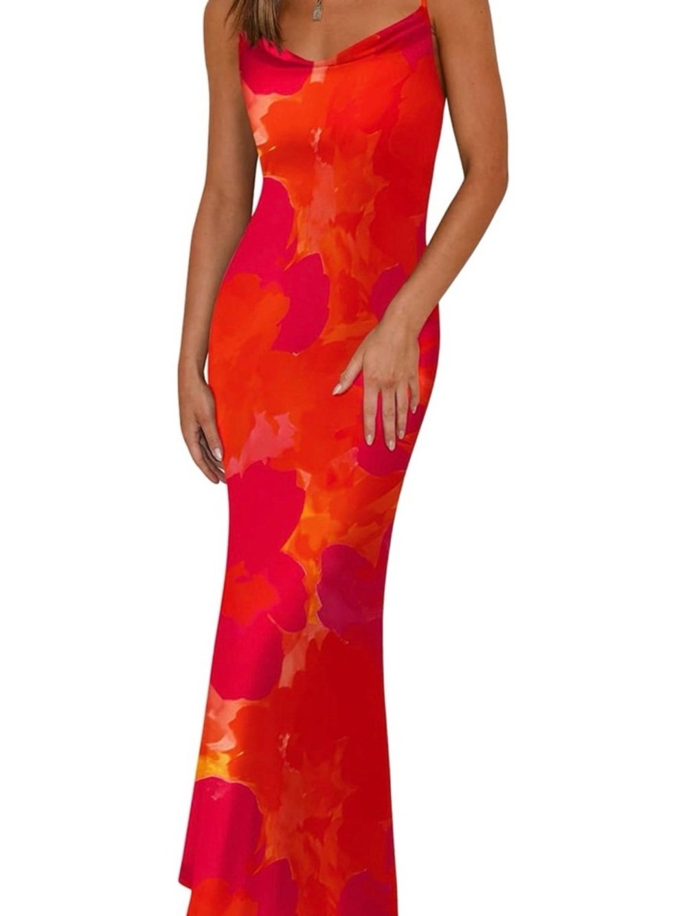 Red & Pink Floral Mesh fitted midi Dress- M